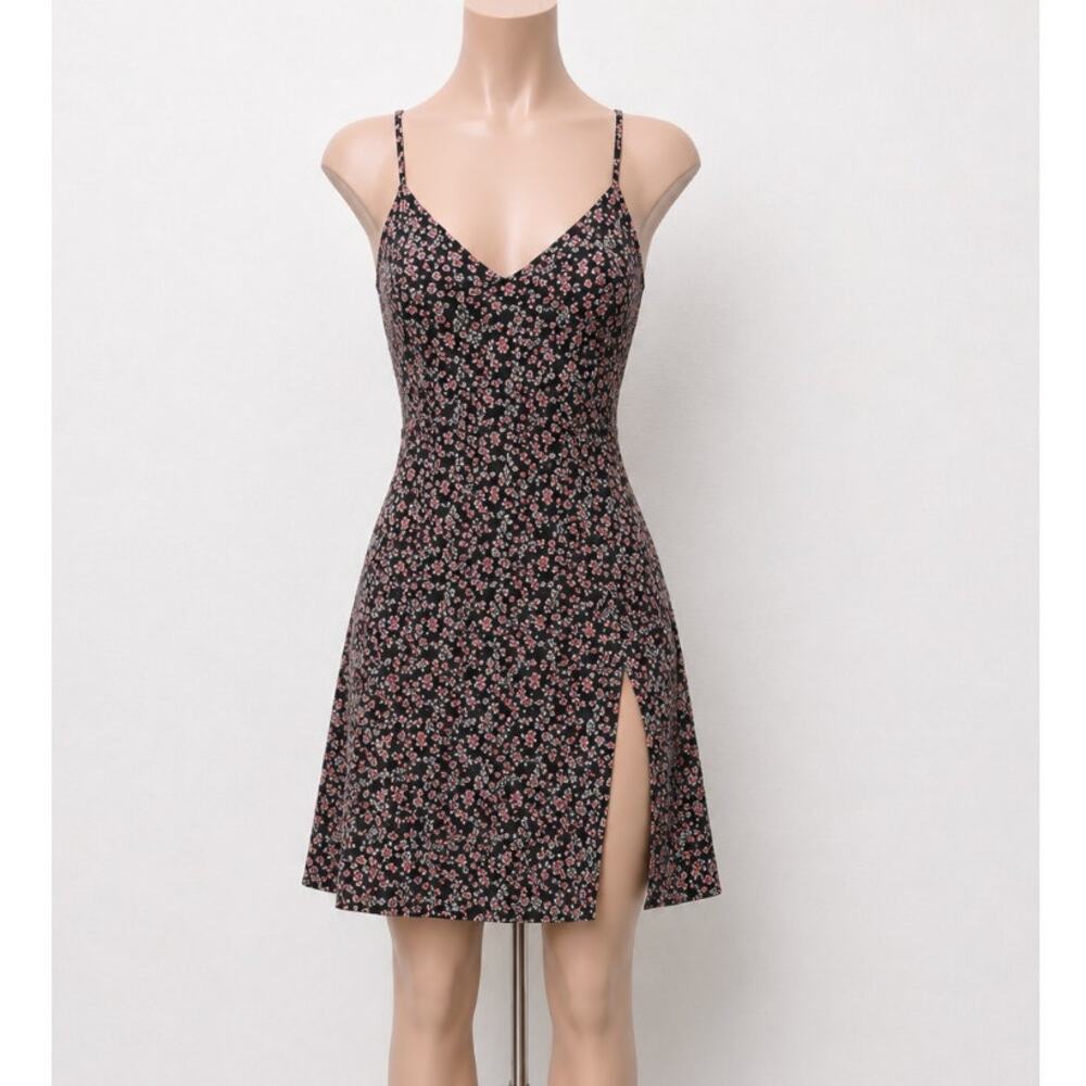 Polly Black Pink Blue Floral Print VNeck Spaghetti Strap Side Slit Dress 6